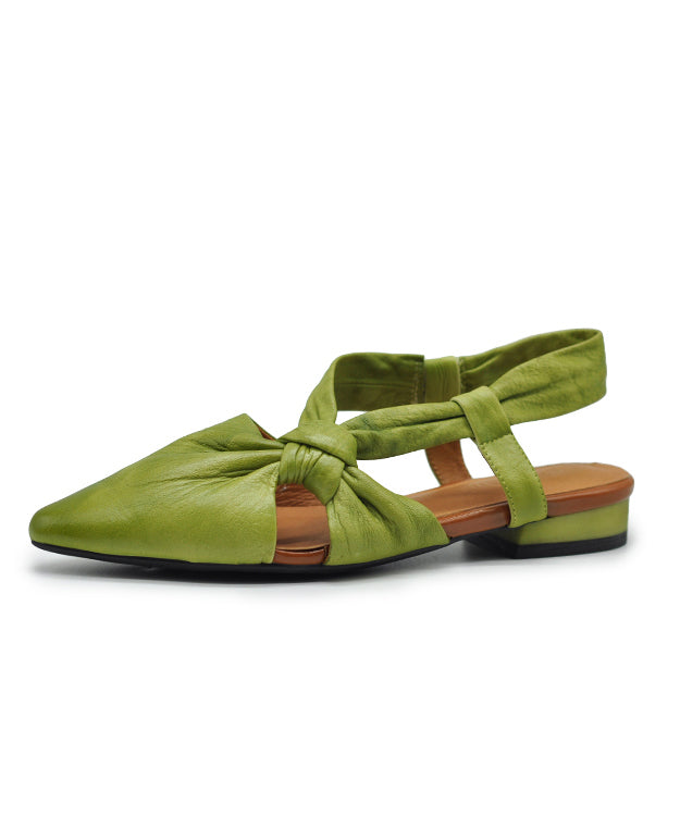 Green Cowhide Leather Hollow Out Flat Sandals Pointed Toe