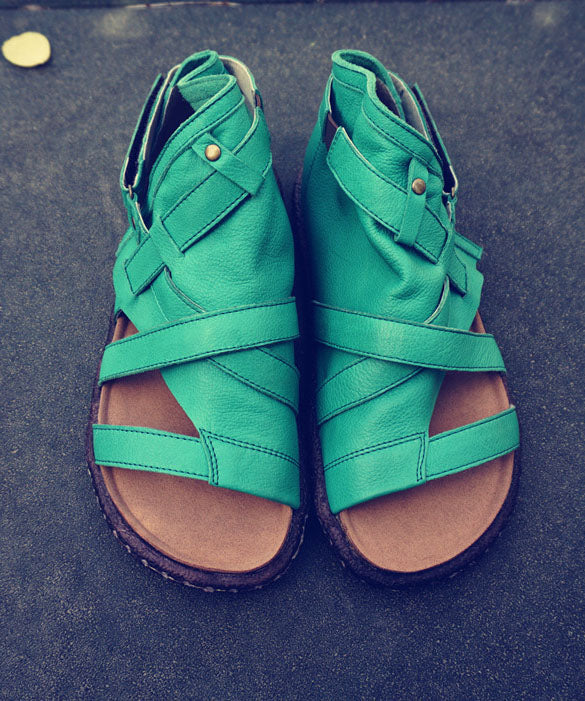 Grünes Rindsleder Retro Spleißen Beste flache Sandalen aushöhlen
