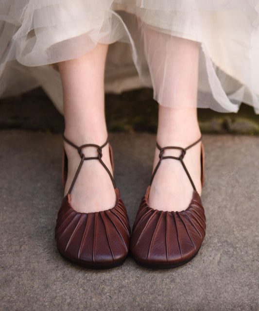 Green Cowhide Leather Water Sandals Hollow Out Wrinkled