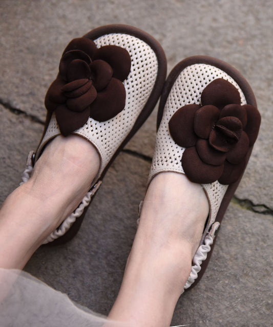 Green Floral Cowhide Leather Comfy Flat Sandals Hollow Out