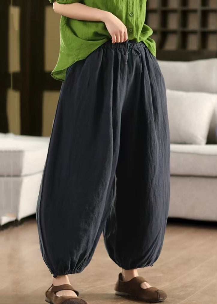 Green LaceUp Solid Linen Summer Crop Pants Elastic Waist