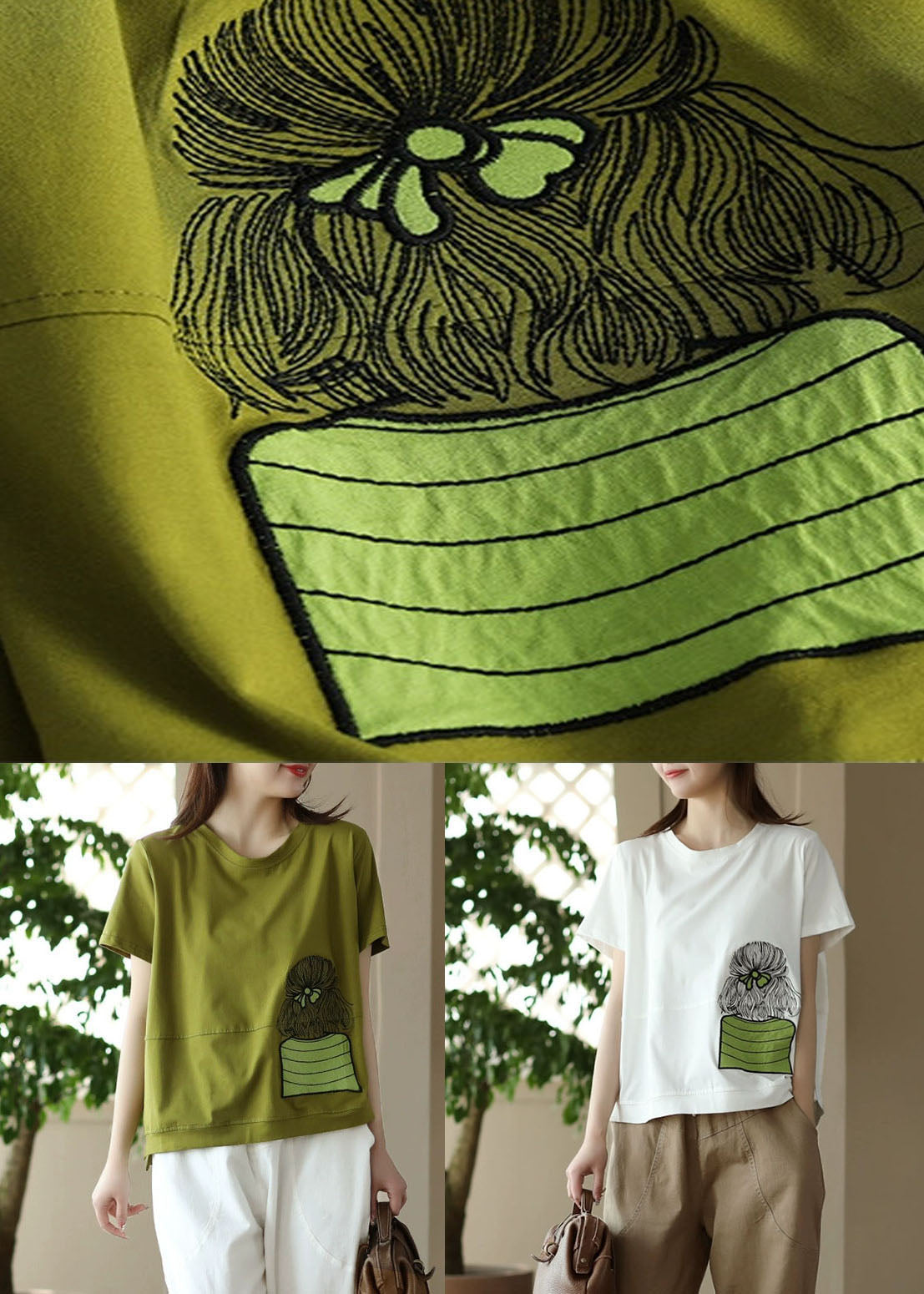 Camiseta de algodón con patchwork verde y manga corta bordada