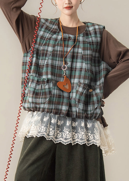 Chaleco de algodón a cuadros verdes con cuello en U para primavera