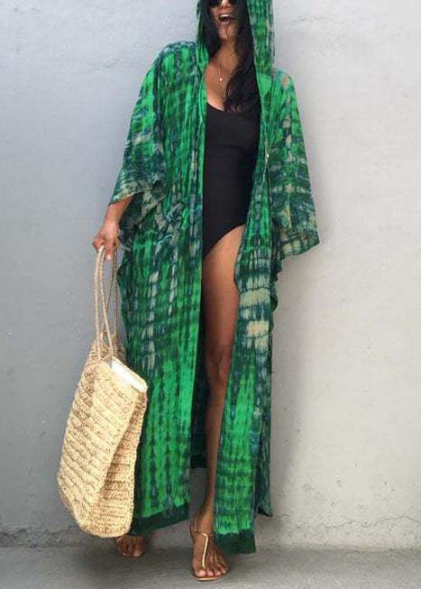 Green Print Cotton UPF 50+ Cardigans Oversized Side Open Summer