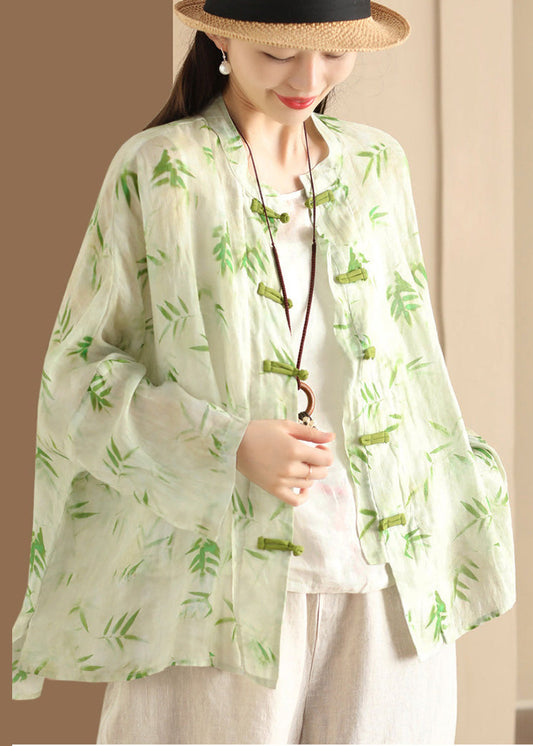 Green Print Linen Chinese Button Blouses Oversized Summer