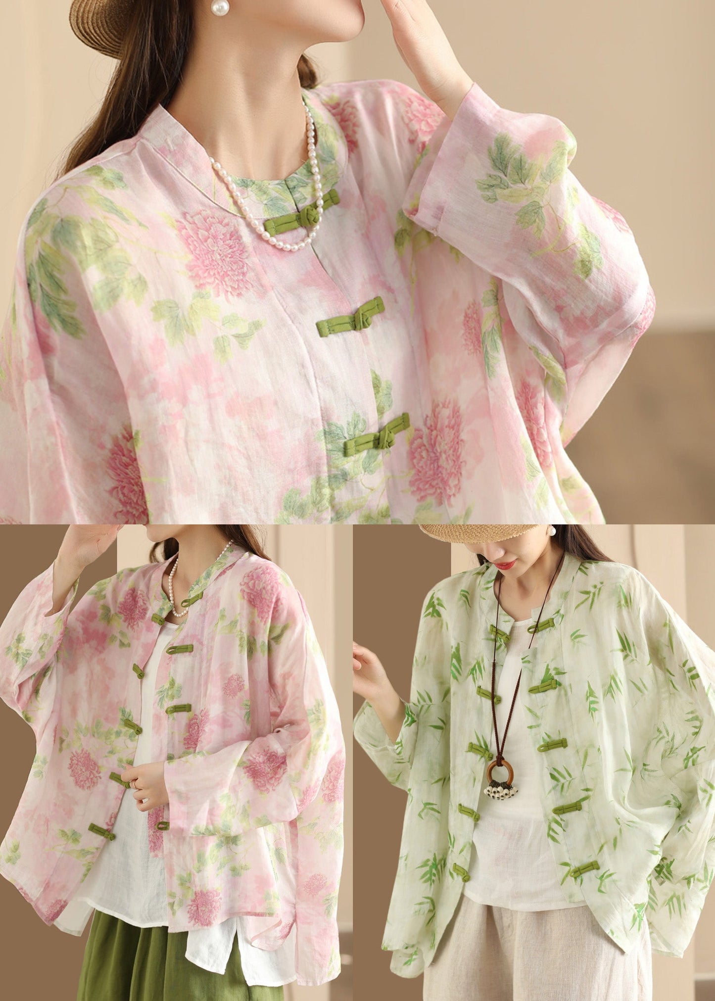 Green Print Linen Chinese Button Blouses Oversized Summer