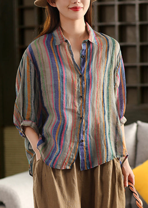 Green Stripe Button Linen Shirt Peter Pan Collar Fall