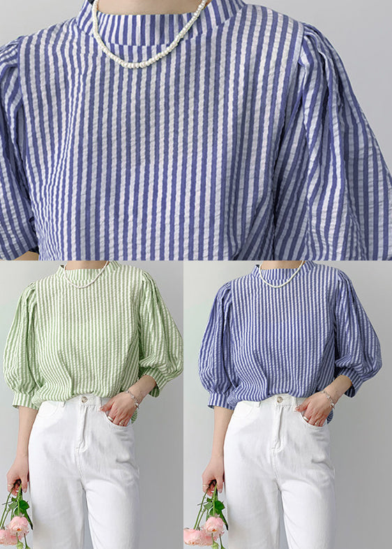 Green Striped Cotton Shirt Top Stand Collar Summer