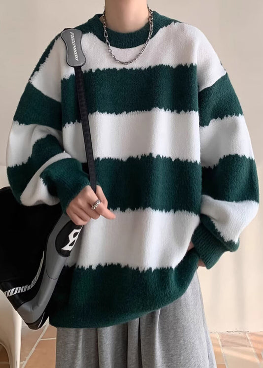 Green Striped Cozy Patchwork Knit Winter Men Sweaters O Neck