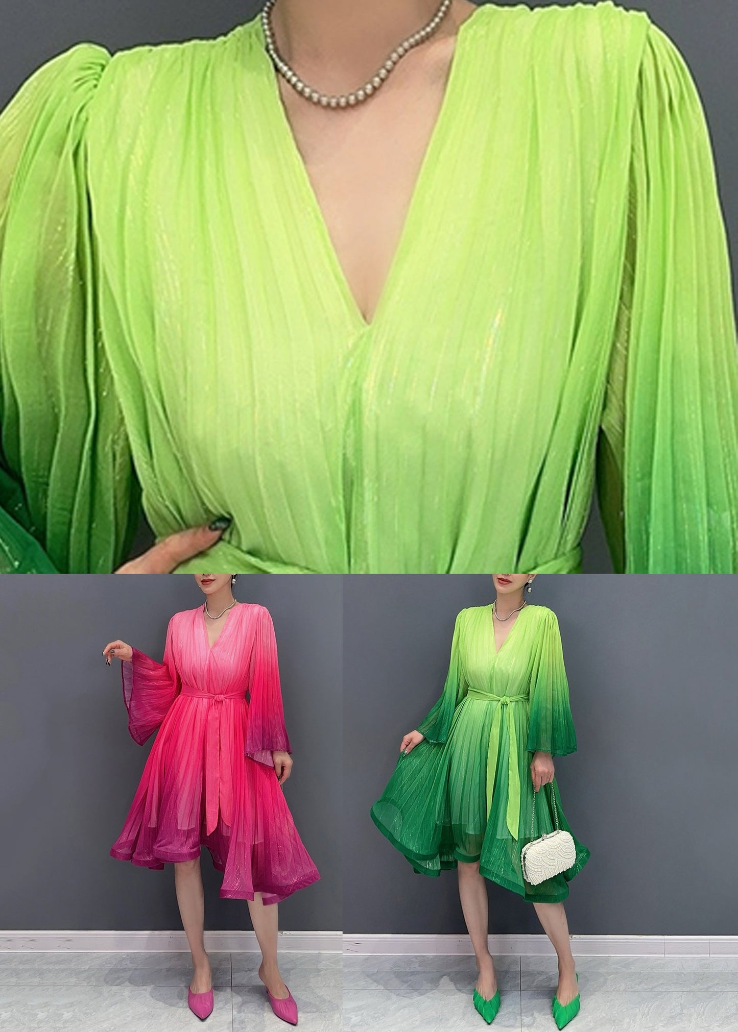 Green Tie Waist Maxi Dresses Flare Sleeve