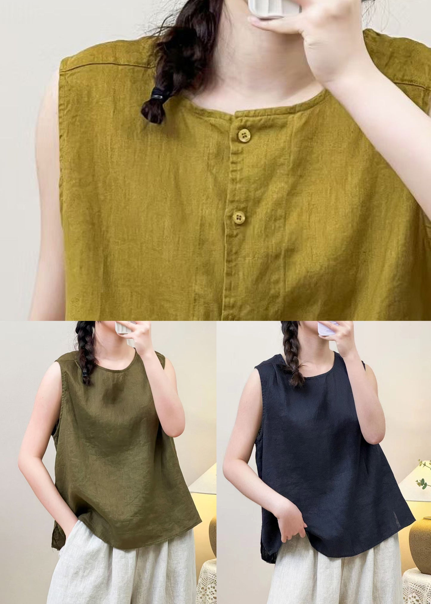 Green Wear On both Sides Linen Shirt O Neck Summer