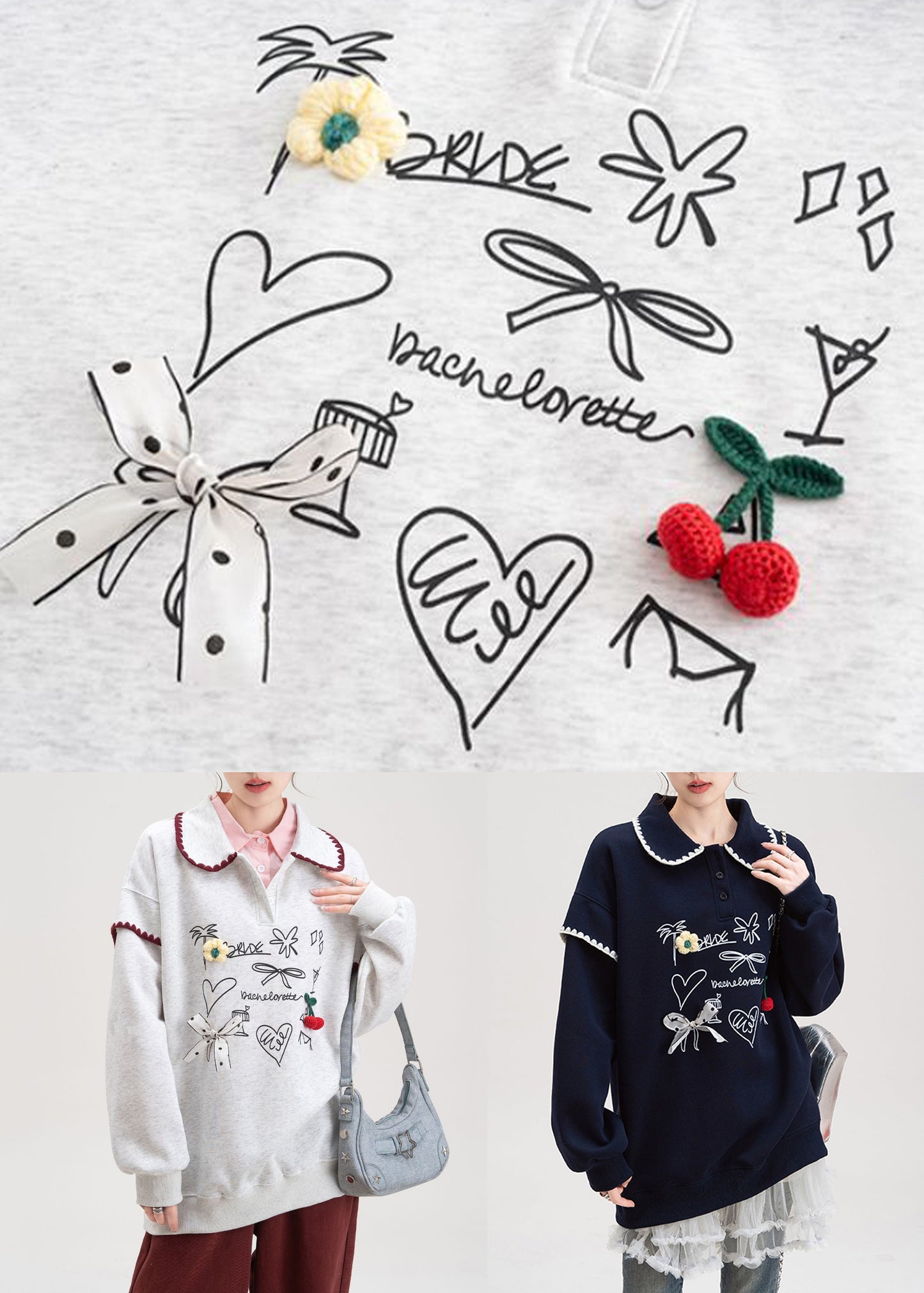 Sudadera de algodón con cuello Peter Pan y estampado de lazo gris para primavera