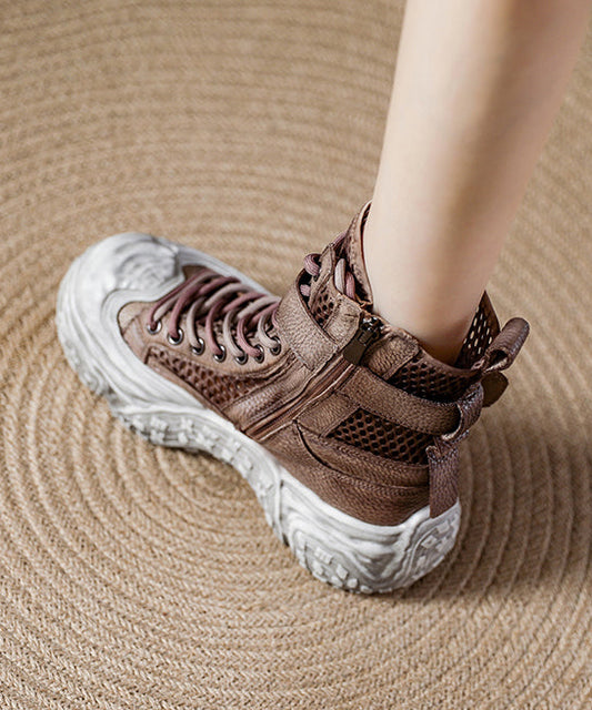 Graue, atmungsaktive Schnür-Plateau-Stiefel mit Mesh-Einsätzen und Schnürung