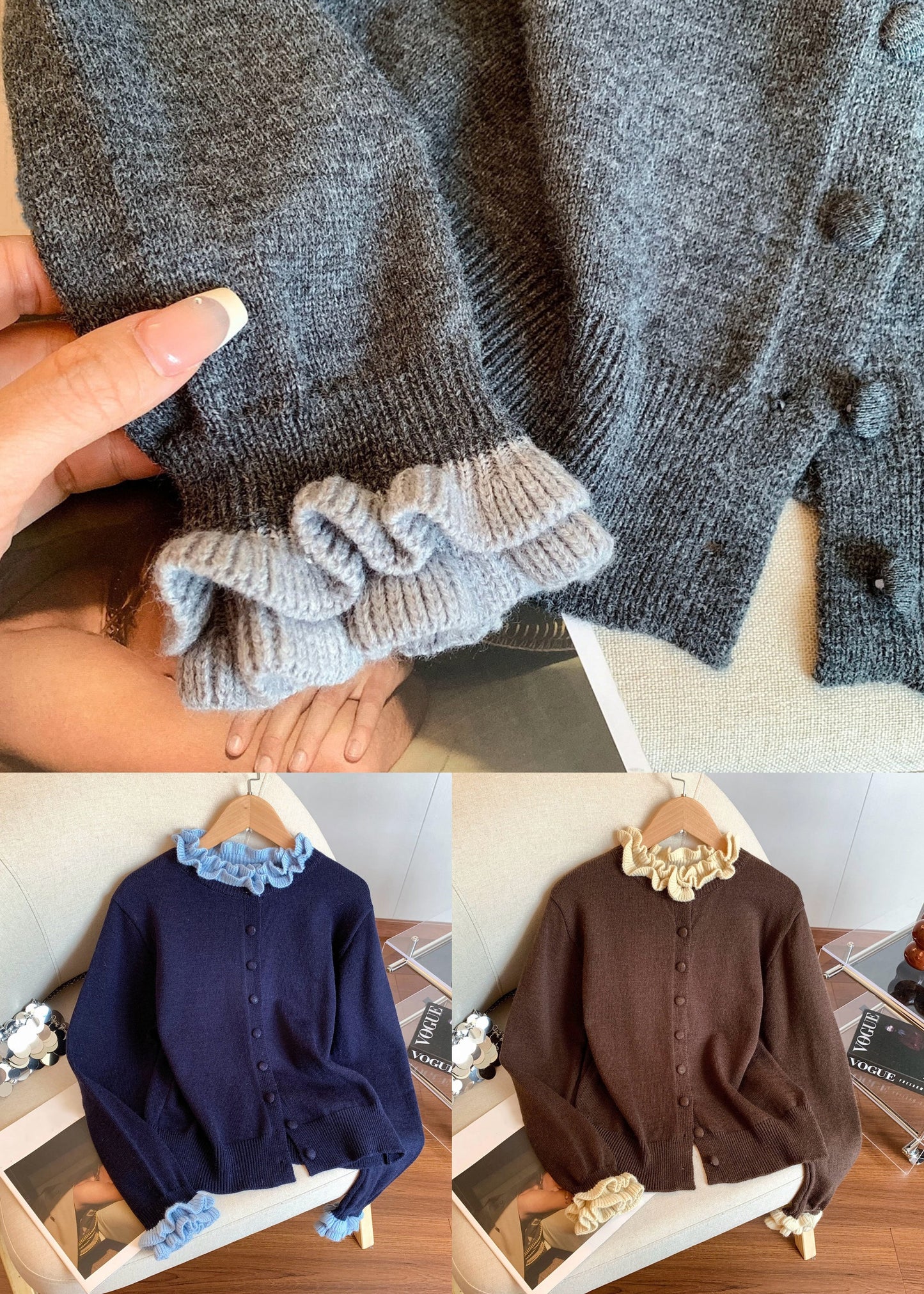 Grauer, kuscheliger Patchwork-Strickmantel mit Knöpfen und Rüschen