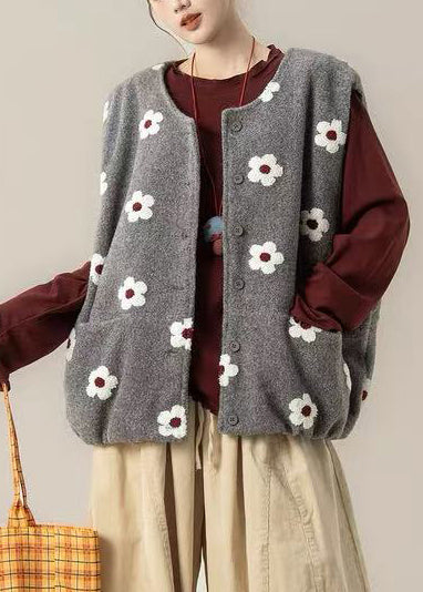 Chalecos holgados de algodón con estampado floral gris de gran tamaño para invierno