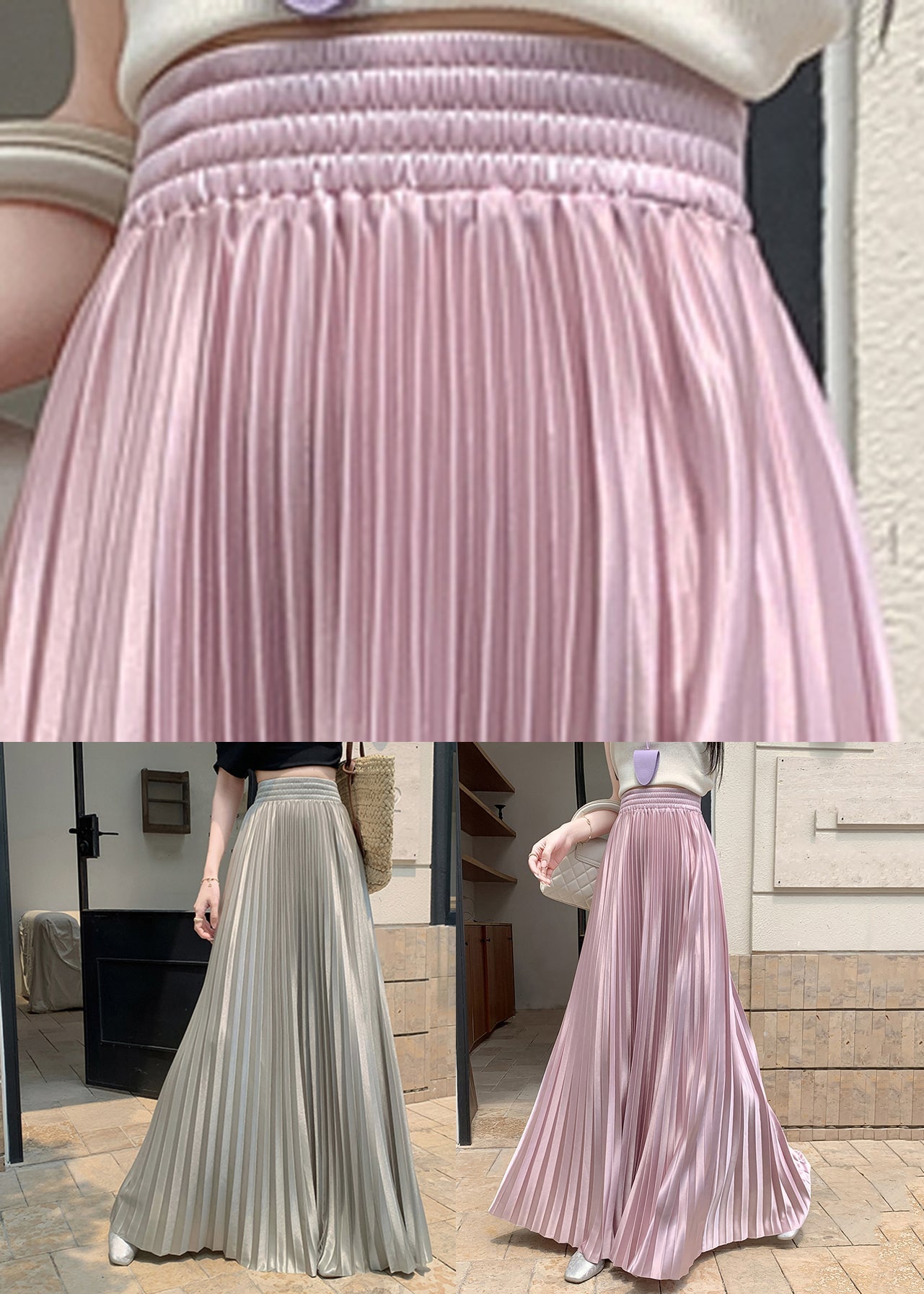 Grey Green Patchwork Solid Silk Pleated Skirt