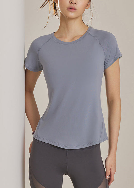 Grey O-Neck Slim Solid Yoga Tops