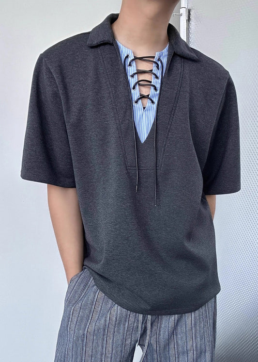 Grey Patchwork Cotton Fake Two Piece Shirt Tops Summer