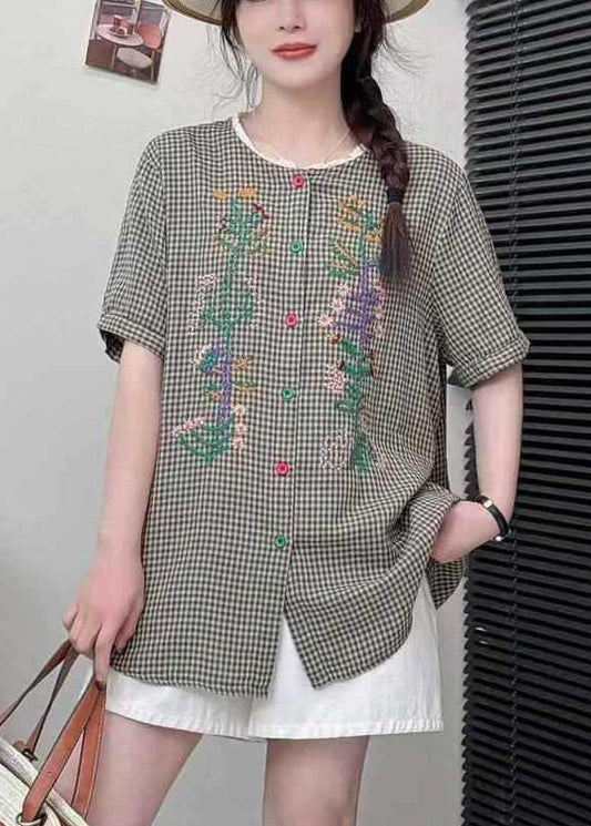 Grey Plaid Linen Blouses Embroidered Summer