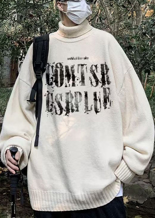 Grey Print Cozy Knit Men Sweaters Turtleneck