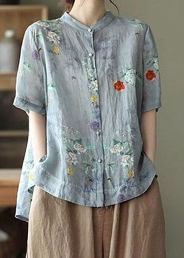 Blaue Polka Dots Print Baumwollhemden Low High Design Kurzarm
