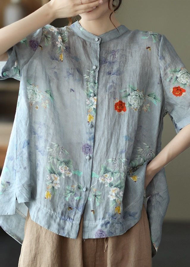 Blaue Polka Dots Print Baumwollhemden Low High Design Kurzarm