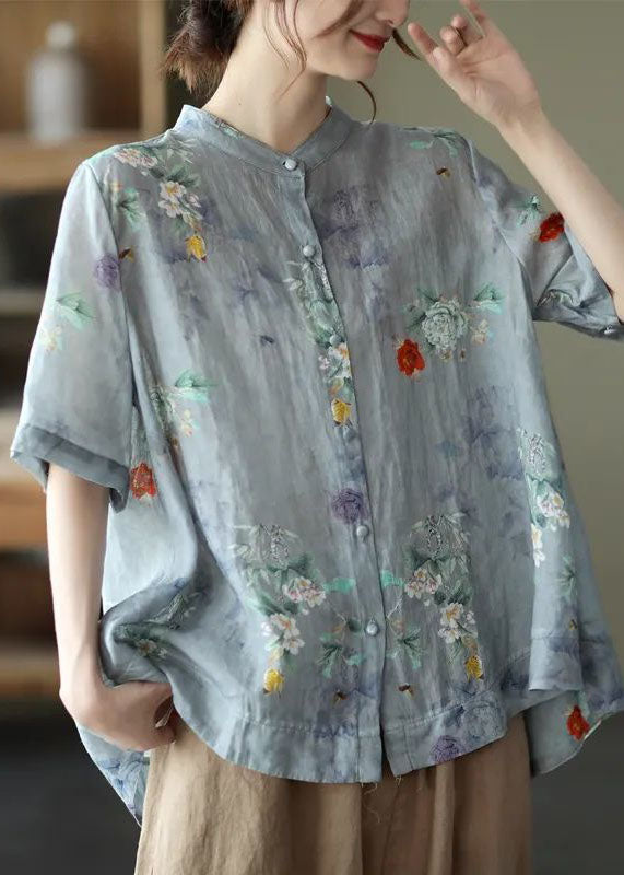 Blaue Polka Dots Print Baumwollhemden Low High Design Kurzarm