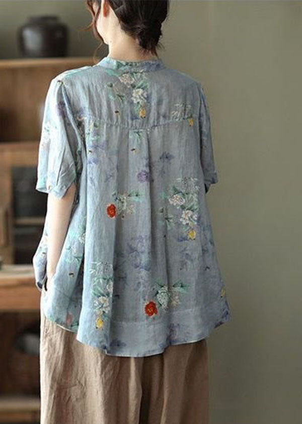 Blaue Polka Dots Print Baumwollhemden Low High Design Kurzarm