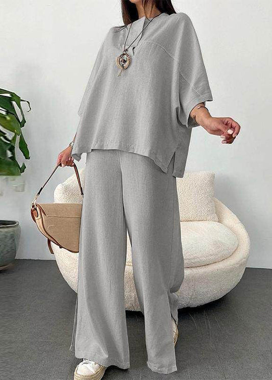Grey Side Open T Shirts And Wide Leg Pants Two Pieces Set Bracelet Sleeve