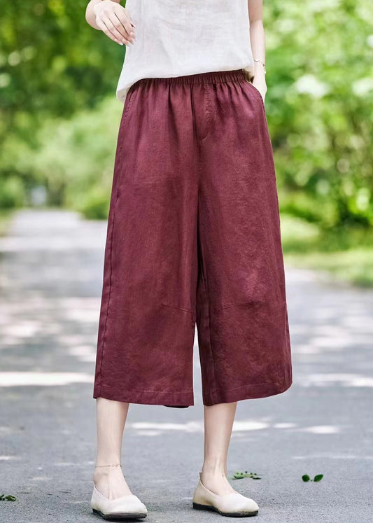 Grey Solid Linen Summer Wide Leg Pants Elastic Waist
