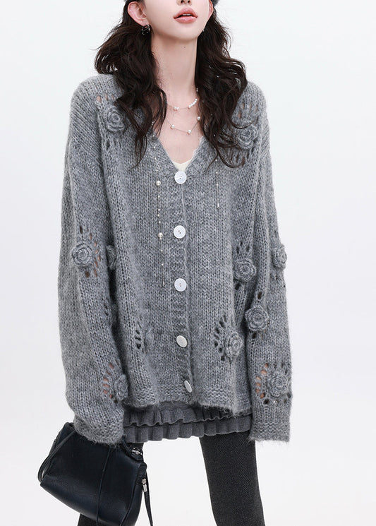 Grey Stereoscopic Floral Knit Loose Coat Oversized Winter