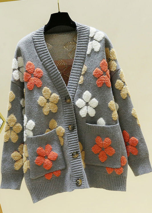 Graue V-Ausschnitt-Knopf-gemütliche Strick-Cardigans Herbst