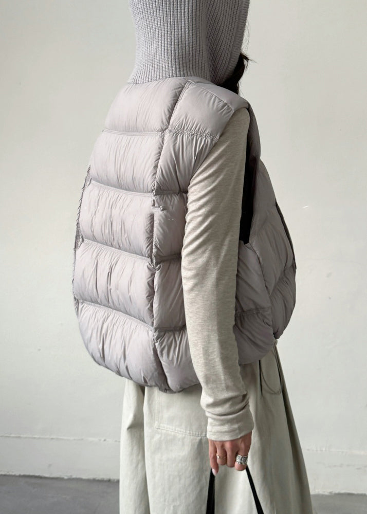 Grey Zippered Knit Patchwork Duck Down Waistcoat Hooded Sleeveless