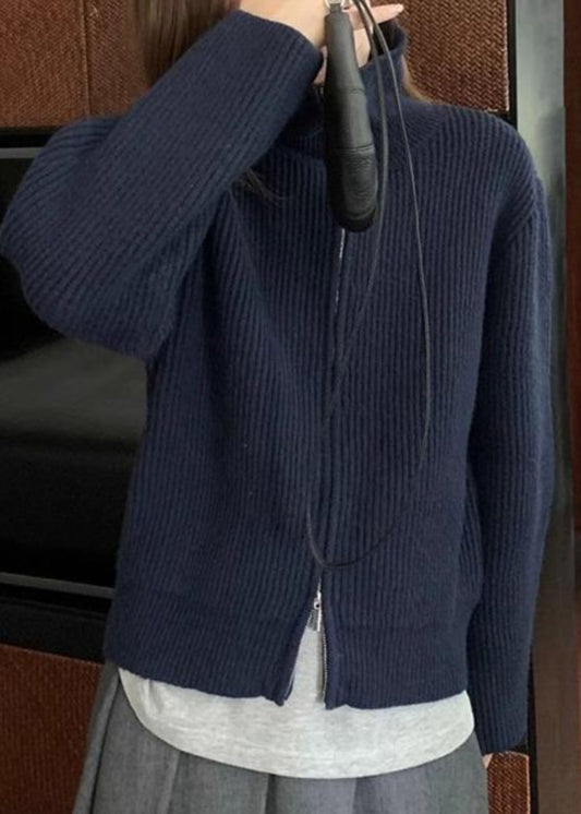 Grey Zippered Solid Cotton Coat Turtleneck Spring