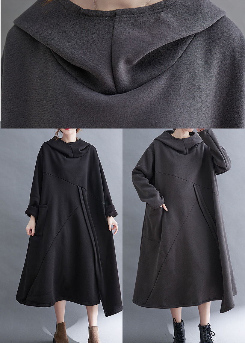Grau asymmetrische design Warme Fleece Lange Kleider Mit Kapuze