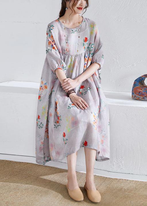 Grey lantern Sleeve Patchwork Print Summer Ramie Party Dress Half Sleeve - SooLinen