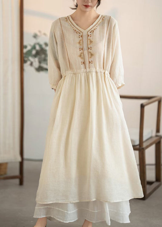 Handmade Apricot Embroidered Drawstring Linen Dress Summer