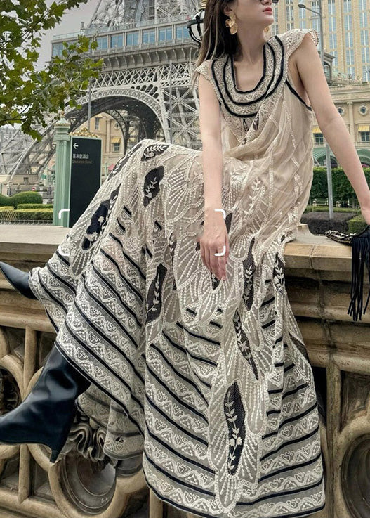 Handmade Apricot Embroidered Exra Large Hem Tulle Maxi Dress Sleeveless