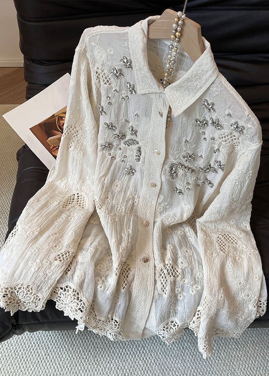 Handmade Apricot Embroidered Zircon Hollow Out Cotton Blouses Fall