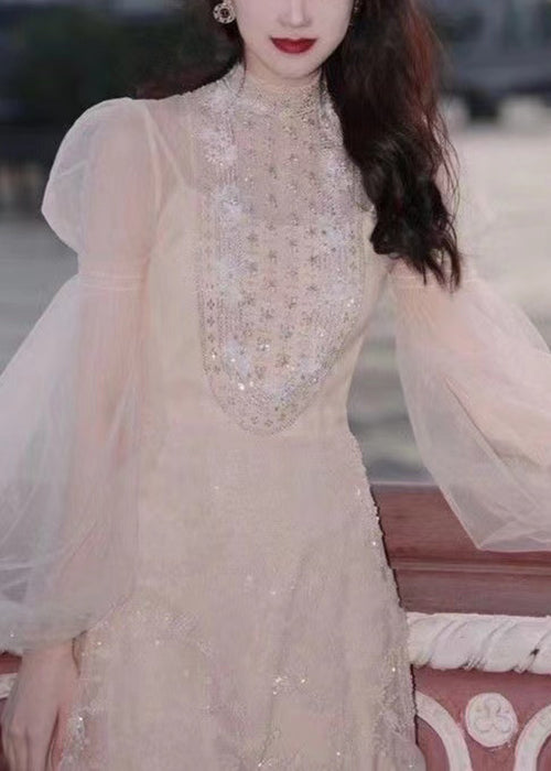 Handgemachtes Apricot Nail Bead Tüll Midikleid Langarm