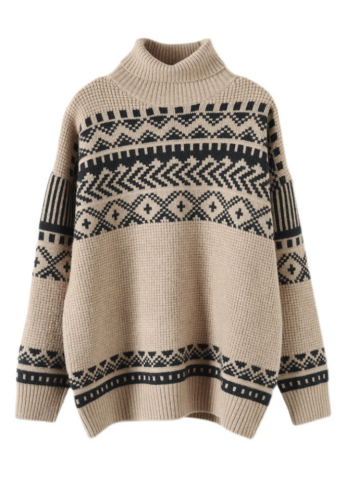 Handgemachte Apricot Rollkragen dicken Print Strick Pullover Frühling