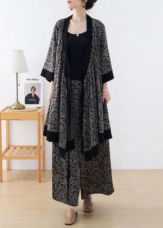 Handmade Beige Floral Patchwork Top Wide Leg Two Pieces Set - SooLinen