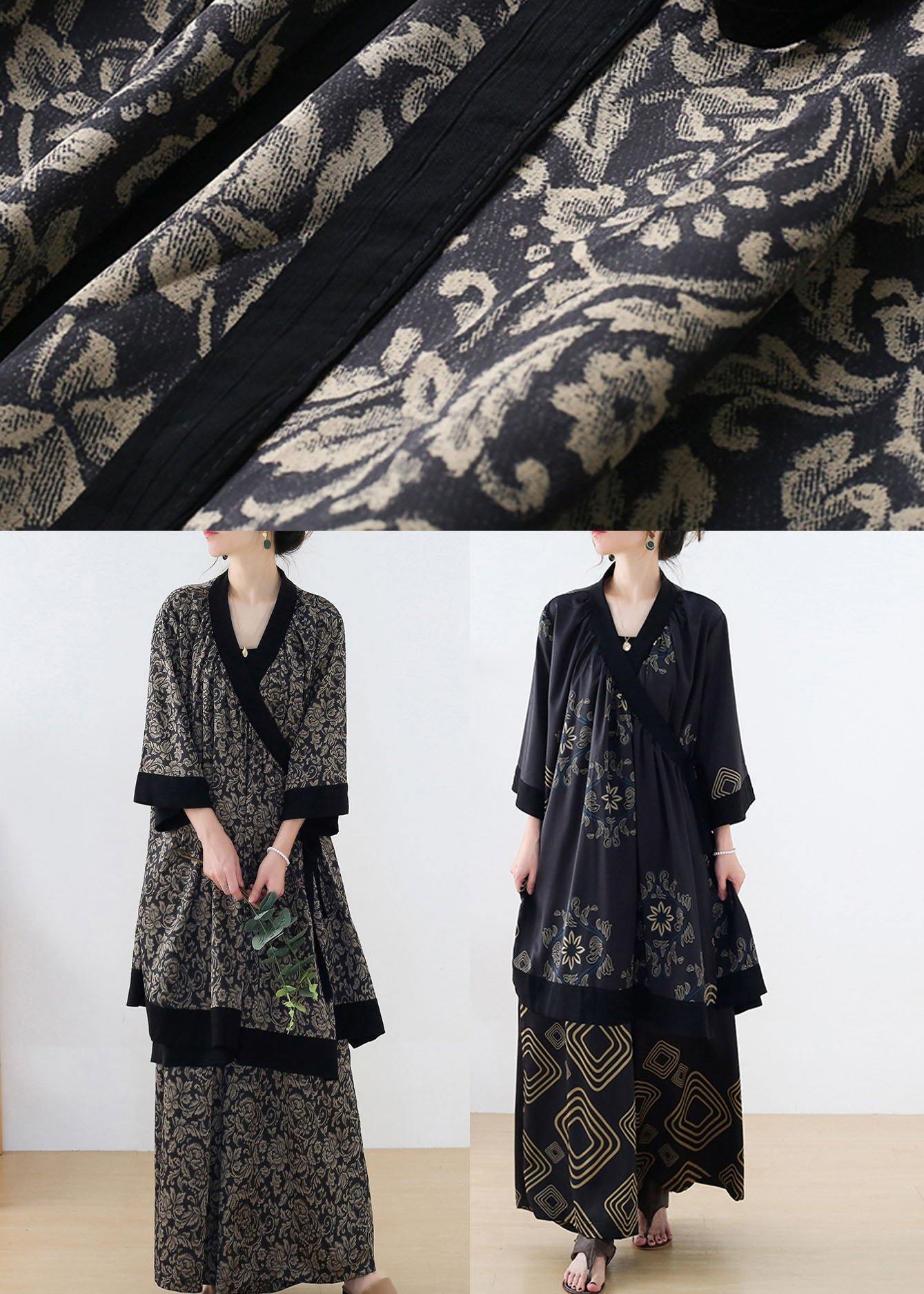 Handmade Beige Floral Patchwork Top Wide Leg Two Pieces Set - SooLinen