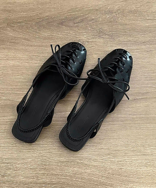 Handmade Beige Lace Up Splicing Hollow Out Sandals