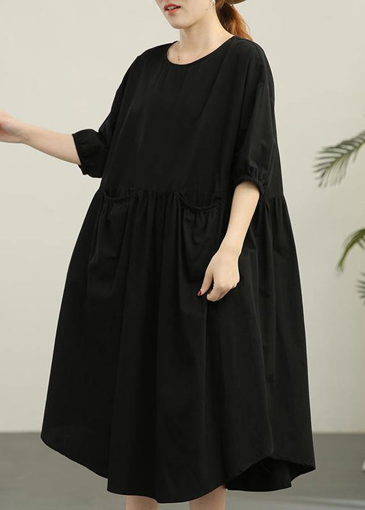 Handmade Black Cinched Summer Cotton Dress - SooLinen