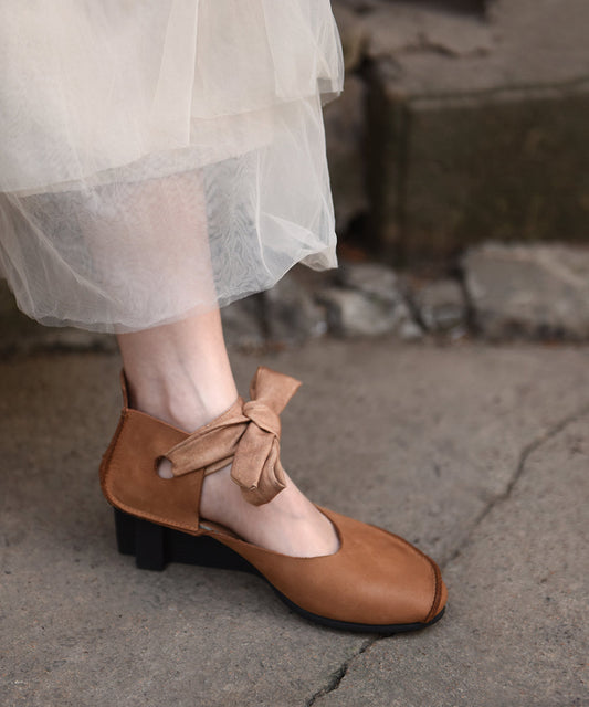 Handmade Black Cowhide Leather Wedge Heels Shoes Lace Up