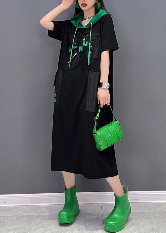 Handmade Black Drawstring Patchwork Pockets Hooded Long Dresses Short Sleeve