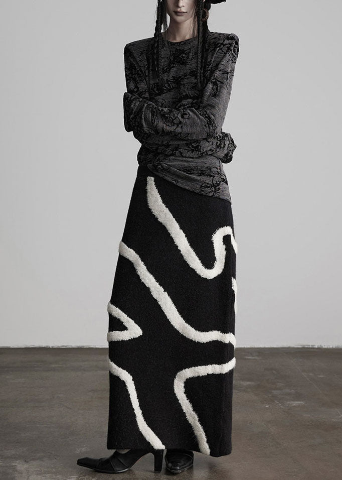 Handmade Black Elastic Waist Embroidered Knit Straight Skirt Winter