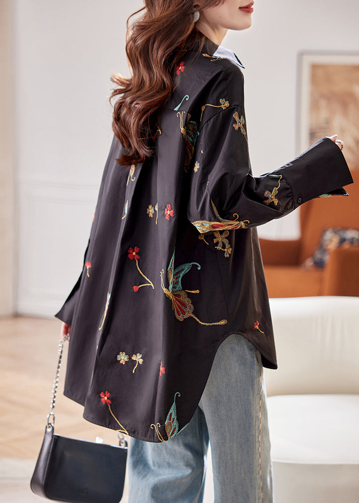 Handmade Black Embroidered Butterfly Low High Design Cotton Shirt Fall