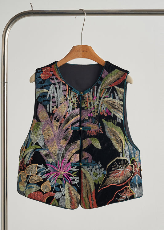 Chalecos de terciopelo de seda con botones chinos bordados a mano en negro para primavera